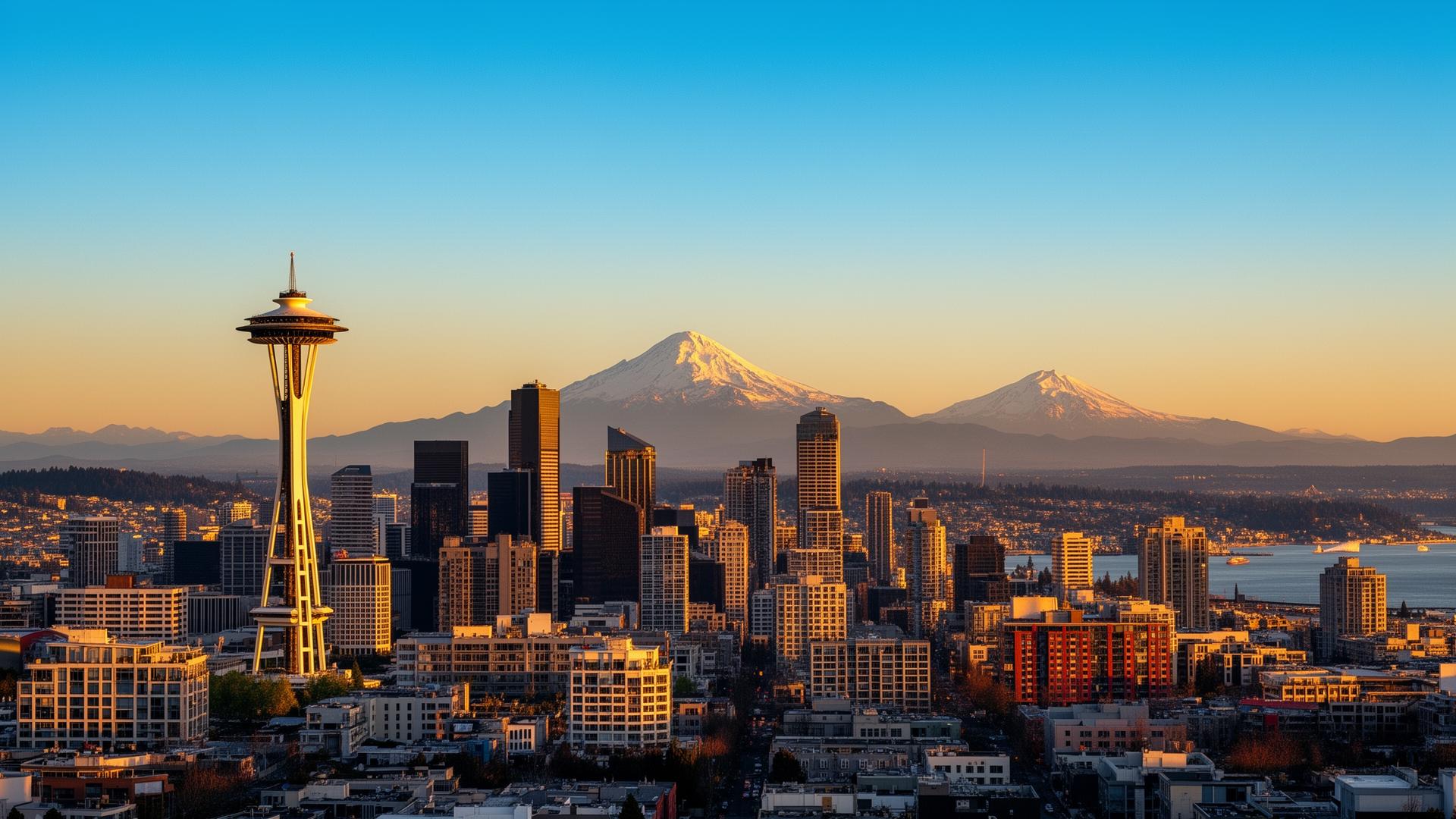 Seattle skyline with Space Needle and Mount Rainier