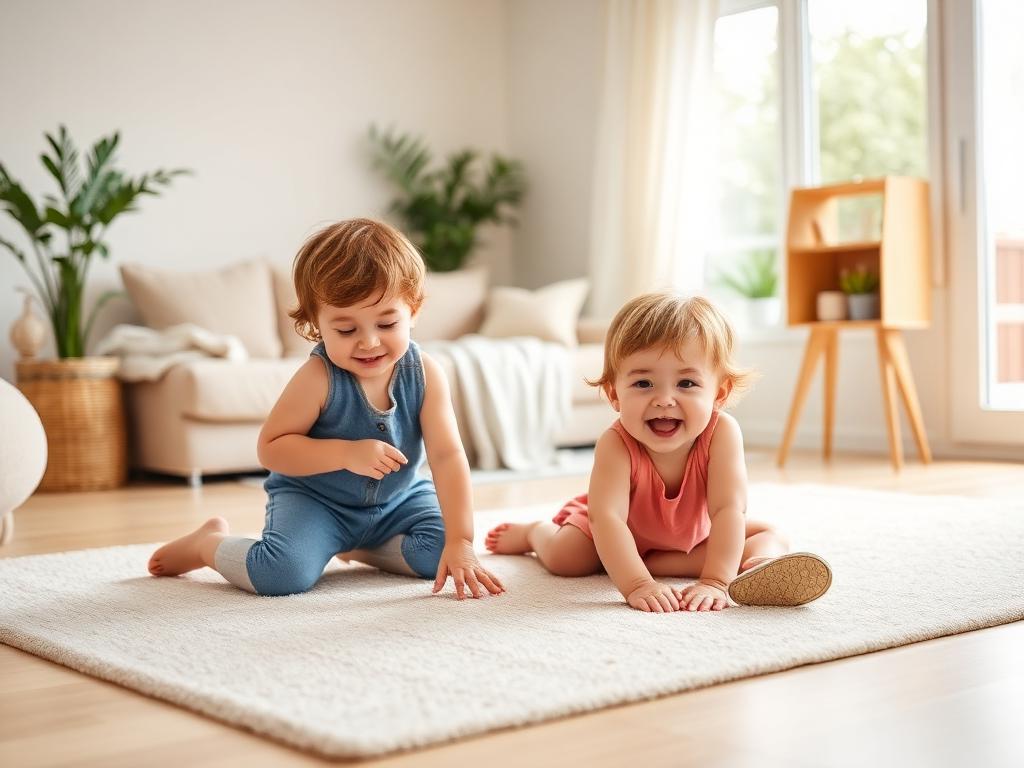 Children playing happily on a clean rug in a bright family home