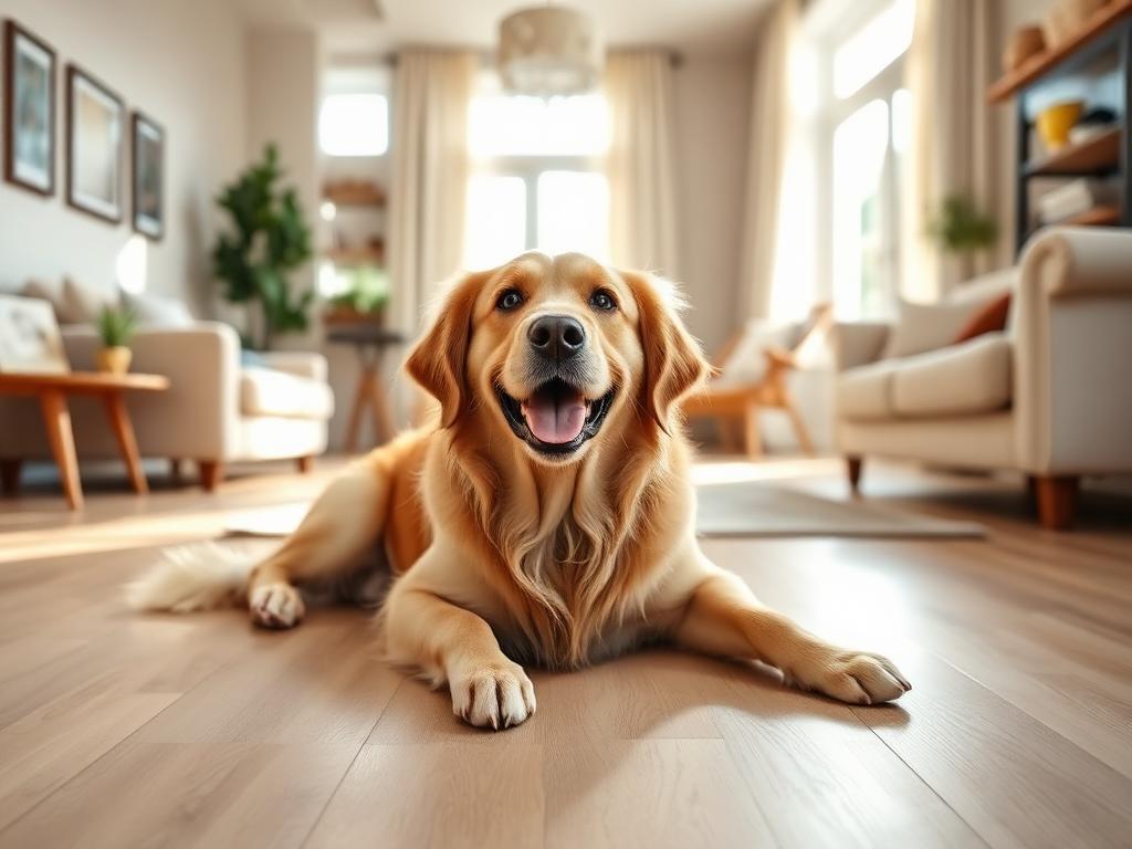 Happy golden retriever relaxing in a clean bright living room